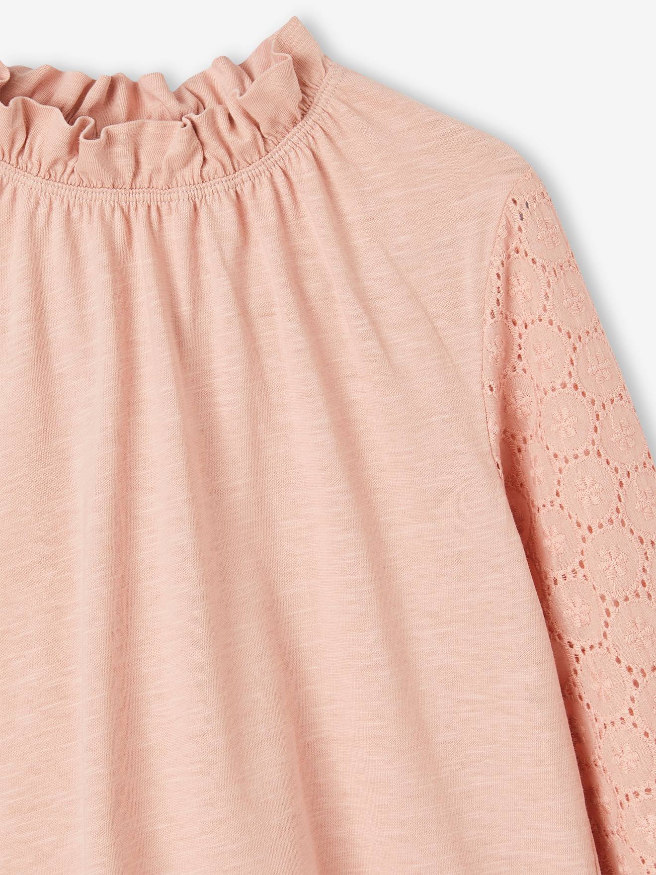 Camiseta de manga comprida com bordado inglês para meninas, rosa claro