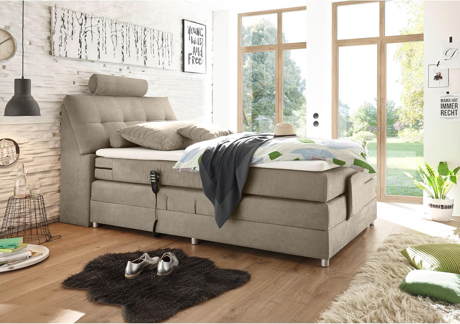 PALERMO 2 Boxspringbett 120x200 elektrisch verstellbar, Sand - Bequemes Einzelbett mit dekorativer Steppung & Komfortschaum Topper - 120 x 127 x 234 cm (B/H/T)