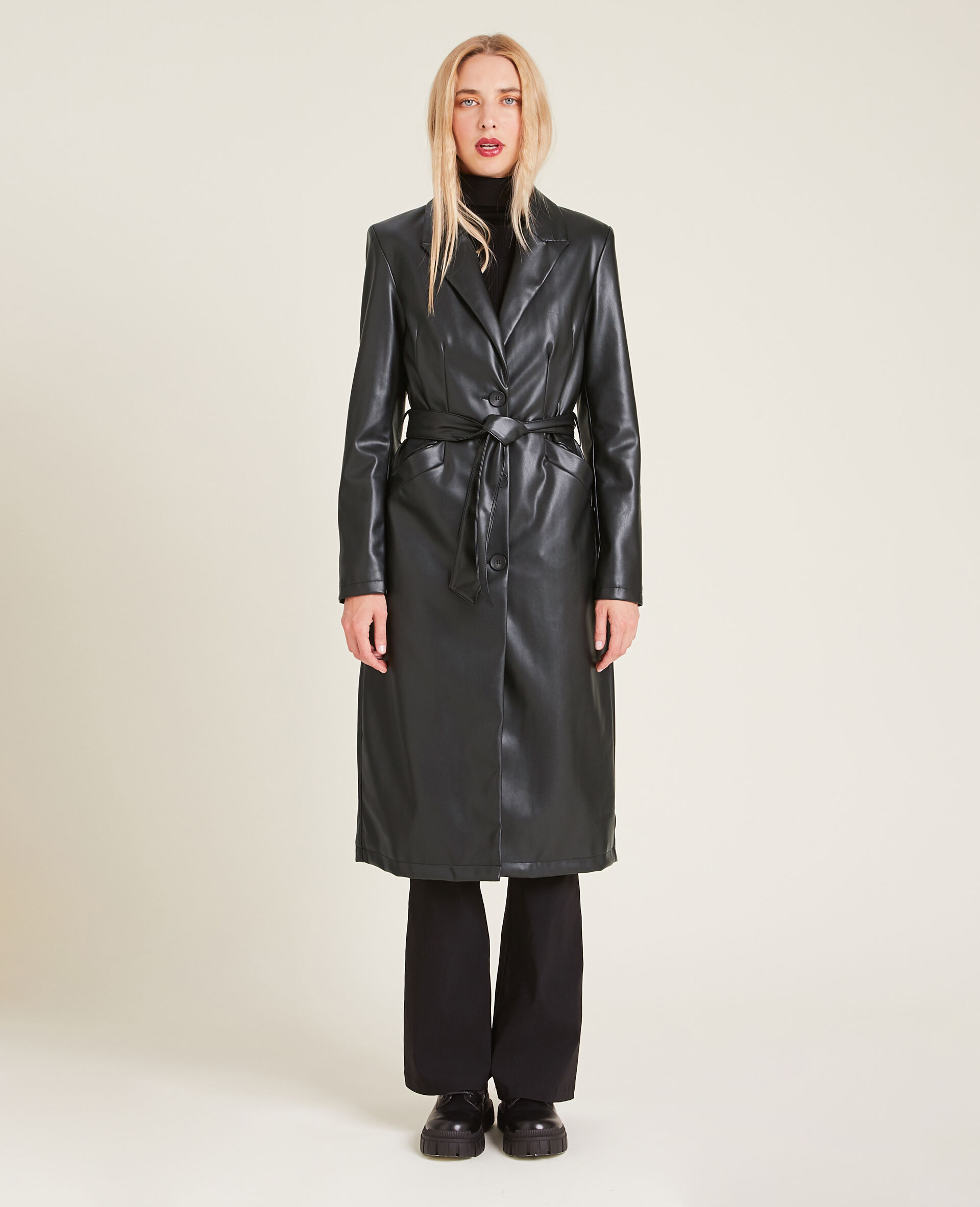 Manteau long simili cuir - Noir