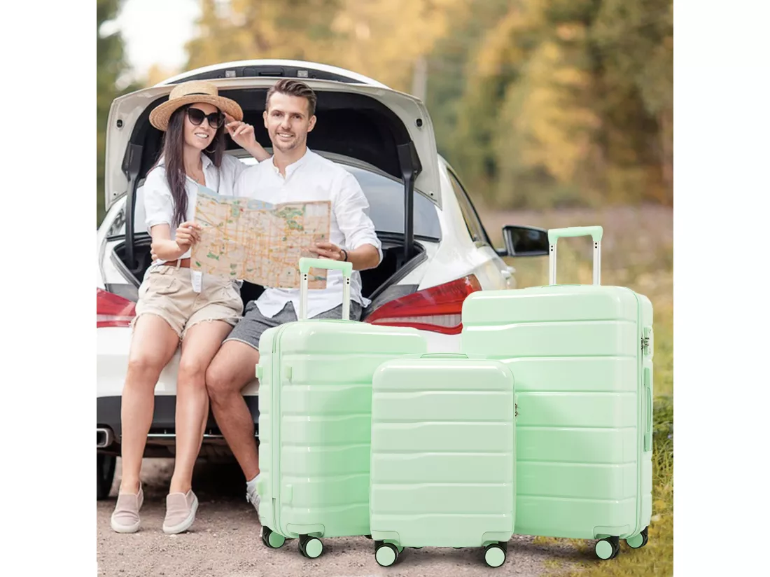 Bagage à main de 3 pièces20&24&28 pouces - en matériau ABS+PC - doubles roues pivotantes à 360° et Serrure TSA-vert