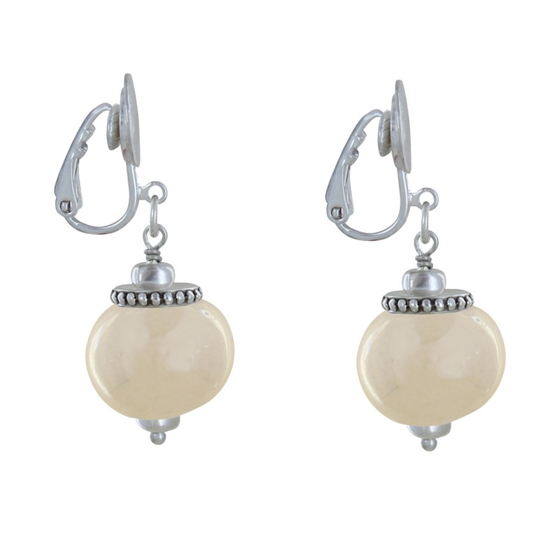 Boucles d'Oreilles Clip Métal Argenté et Grosses Perles en Céramique