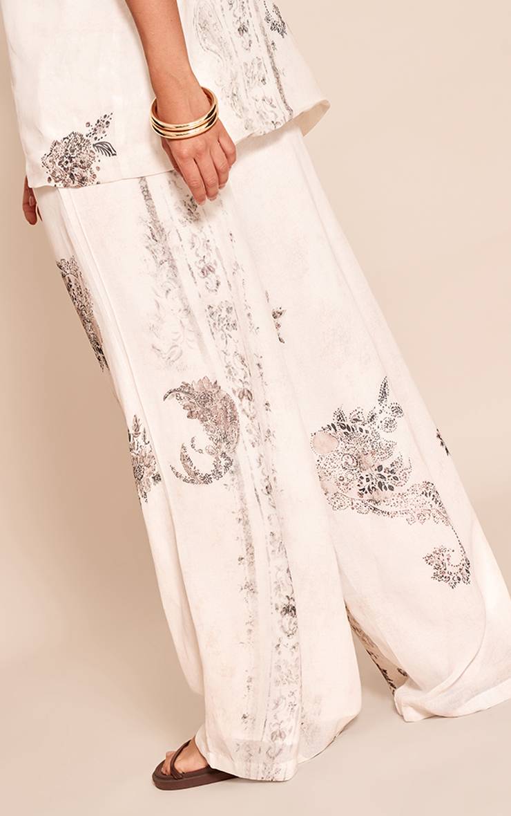 Crème Pantalon Large Extrême Tailleur En Tissu Tissé Imprimé Paisley