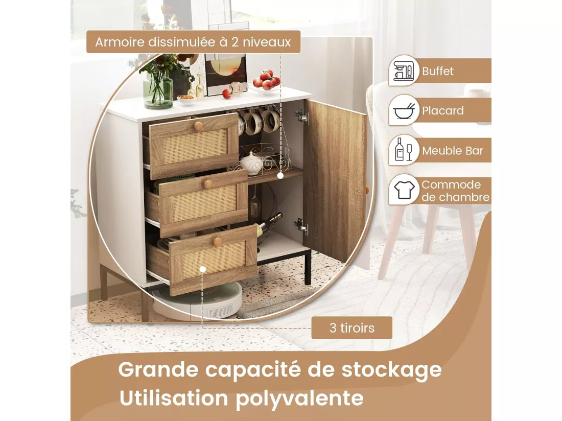 Buffet cuisine 3 tiroirs avec placard,étagère réglable, pied en métal, 80 x 35 x 80,5 cm