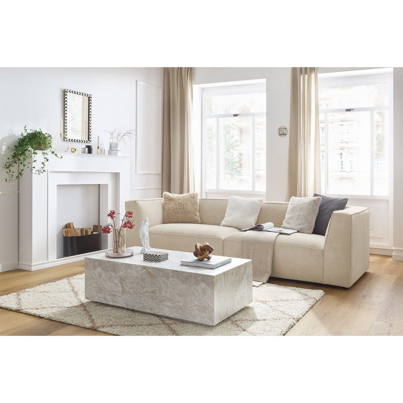 Bobochic Canapé droit fixe 4 places en Velours Molière beige - 273x99x71 cm