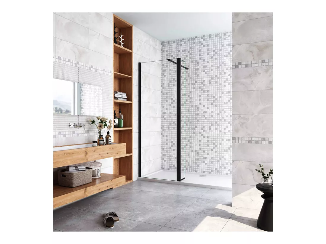 Paroi de douche à l'italienne avec retour pivotant 70+40x200cm avec barre de fixation 90cm recoupable - Noir Mat - 8mm verre anticalcaire
