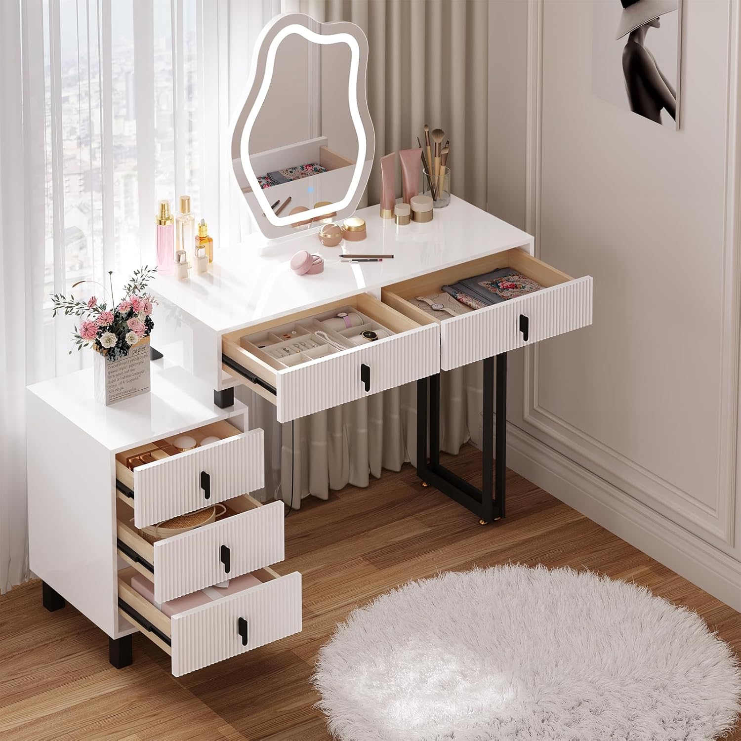 WOLTU Schminktisch mit Beleuchtung, unregelmäßiger Spiegel, einstellbare Helligkeit, Frisiertisch mit 5 Schubladen, Seitenregal Flexible Montage, Moderner Design, für Schlafzimmer, Holz Weiß Schwarz