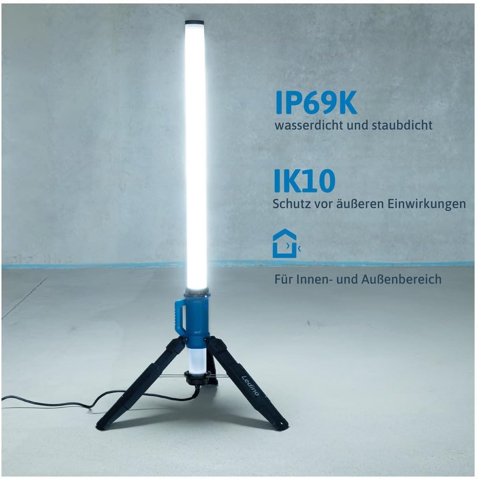 Ledino LED Stehlampe 120W | 360° Lichtsäule | 14400lm | IP69K | LED Baustrahler | Flutlicht für Werkstatt & Baustelle | nicht dimmbar | 5m Kabel