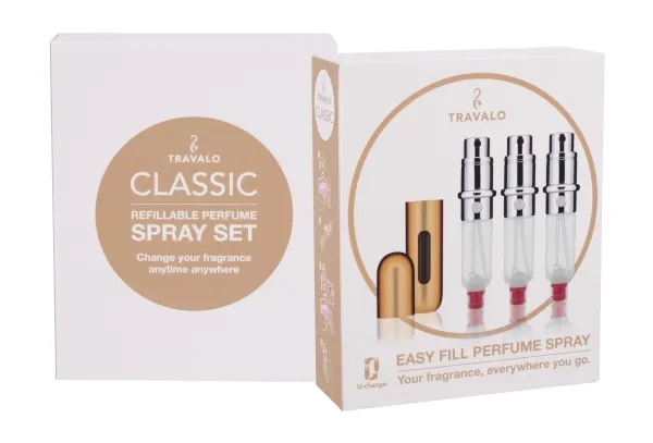 Travalo Classic HD Gold gavesæt (genopfyldelig parfumeforstøver 3 x 5 ml   etui)