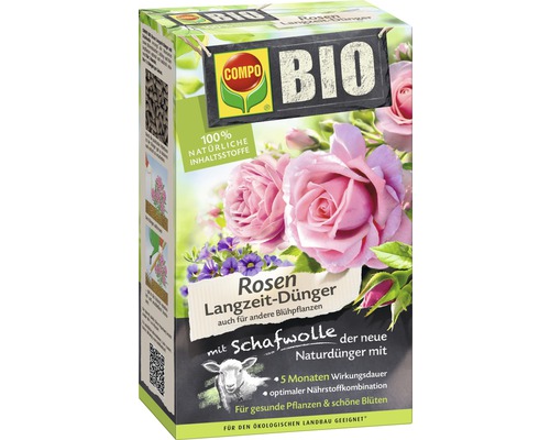 COMPO BIO langzaamwerkende rozenmeststof met schapenwol, 100% natuurlijke ingrediënten, 2 kg, ook geschikt voor andere bloeiende planten, 5 maanden langzaamwerkende werking
