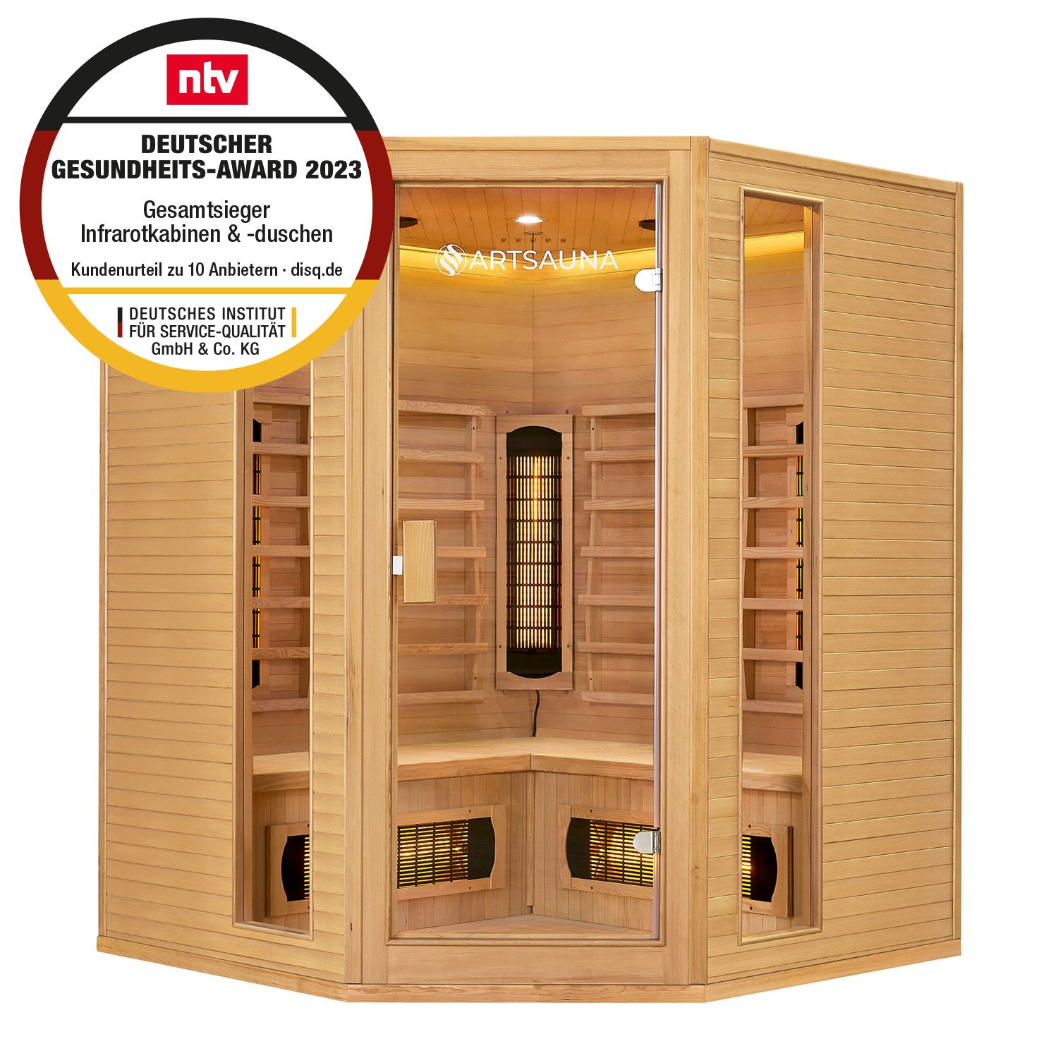 Artsauna Eck Infrarotkabine Nyborg E150V Vollspektrum mit Ambiente Beleuchtung – 4 Personen