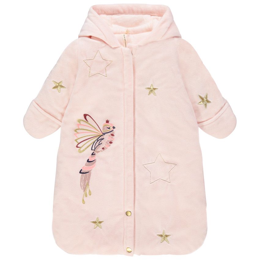 Nid d'ange à capuche en velours à étoiles et oiseau brodés - Rose