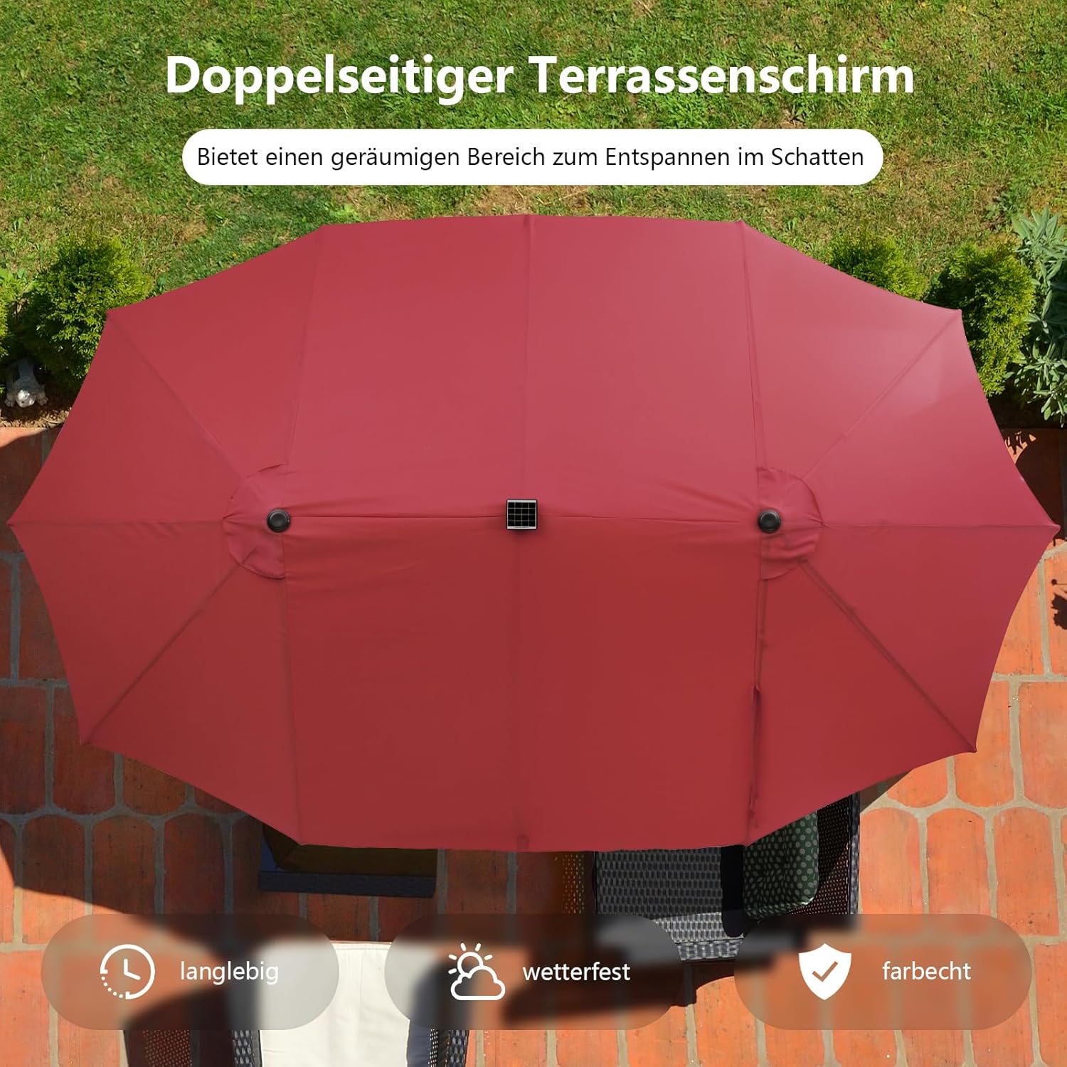 COSTWAY Doppelsonnenschirm mit Ständer und LED-Solar-Beleuchtung, 450 x 260 cm, Sonnenschirm Groß XXL, UPF 50+, Gartenschirm mit Kurbel, Terrassenschirm, Marktschirm für Garten, Terrasse (Rot)