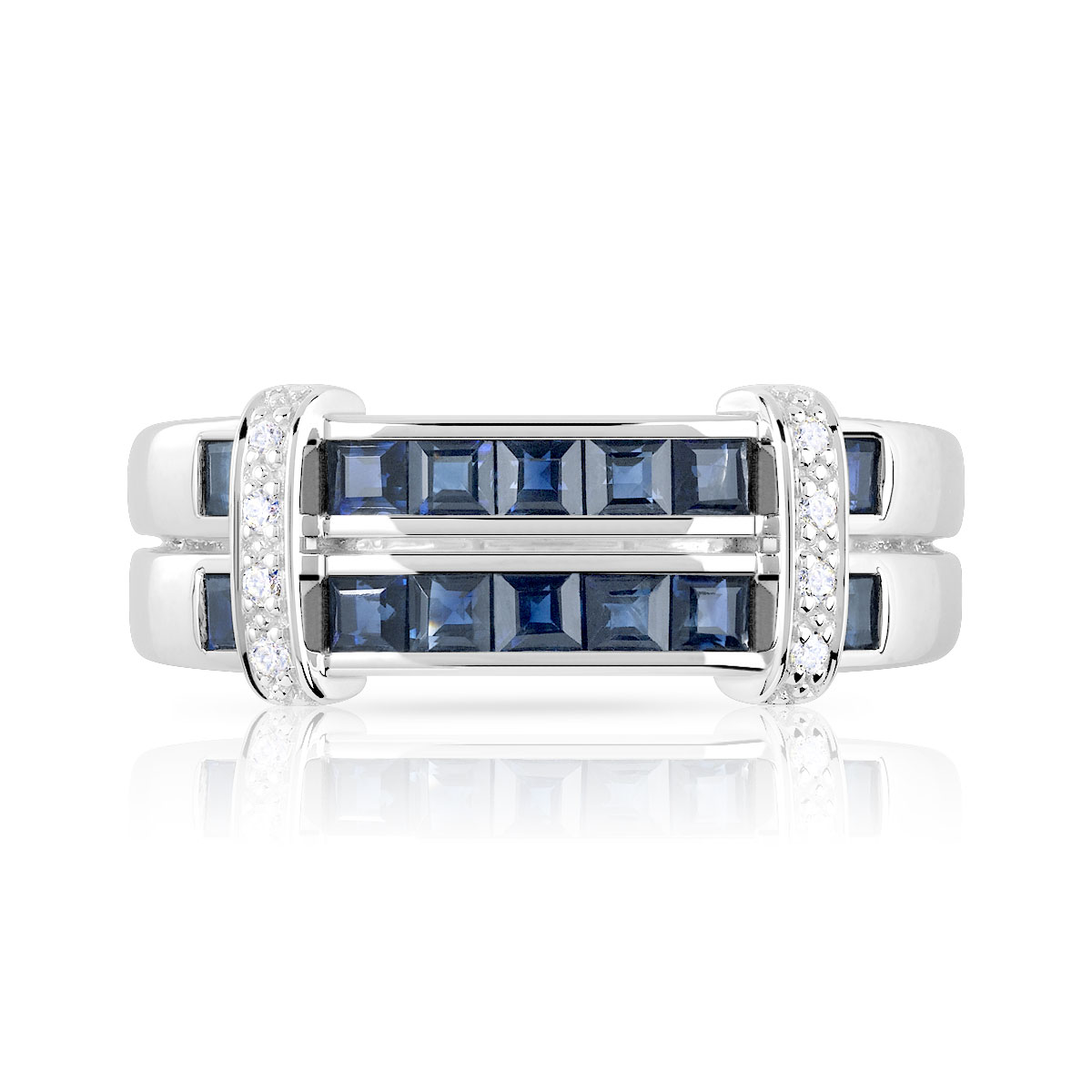 Bague or 750 blanc double anneau saphirs carrés et diamants
