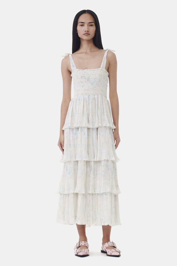 Ganni Pleated Georgette Strap Smock Midi Tofu