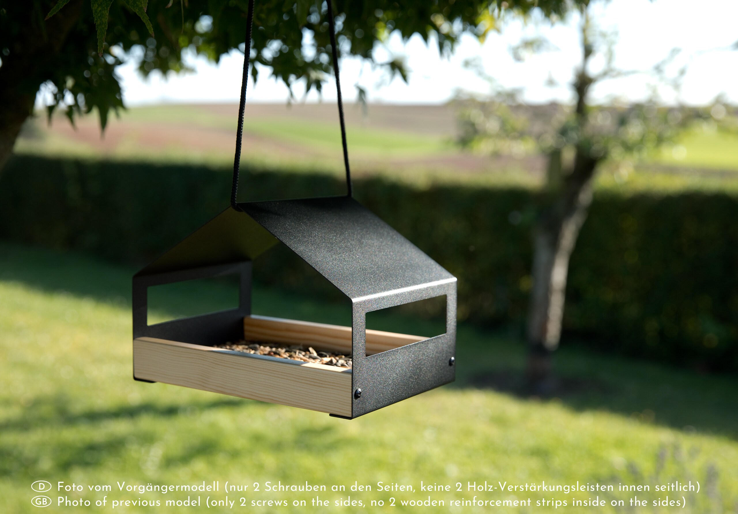 WONDERMAKE® Design Vogelhaus aus Metall und Holz wetterfest zum Aufhängen, modernes Vogelfutterhaus klein Metalldach hängend, Vogelhäuschen Futterhaus für Vögel, schwarz