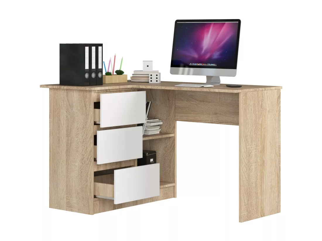 Bureau AKORD d'angle gauche B16 Chêne Sonoma 124 cm 3 tiroirs façade Blanche 2 étagères 124x85x77 cm