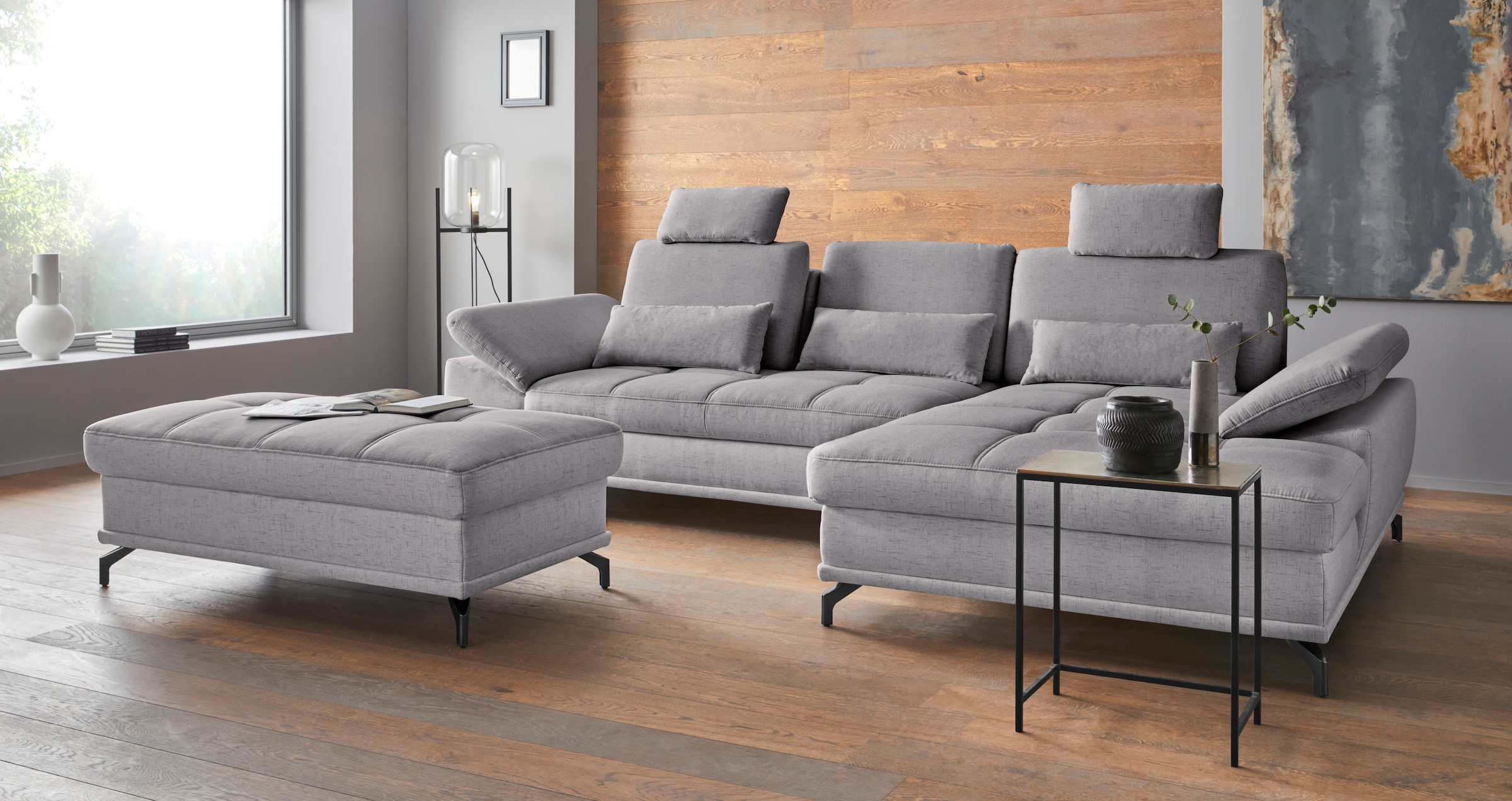 PLACES OF STYLE Ecksofa »Costello L-Form, B: 301 cm mit Sitztiefen-, Armteilverstellung &« 3 Nierenkissen, optional Bettfunktion & Bettkasten