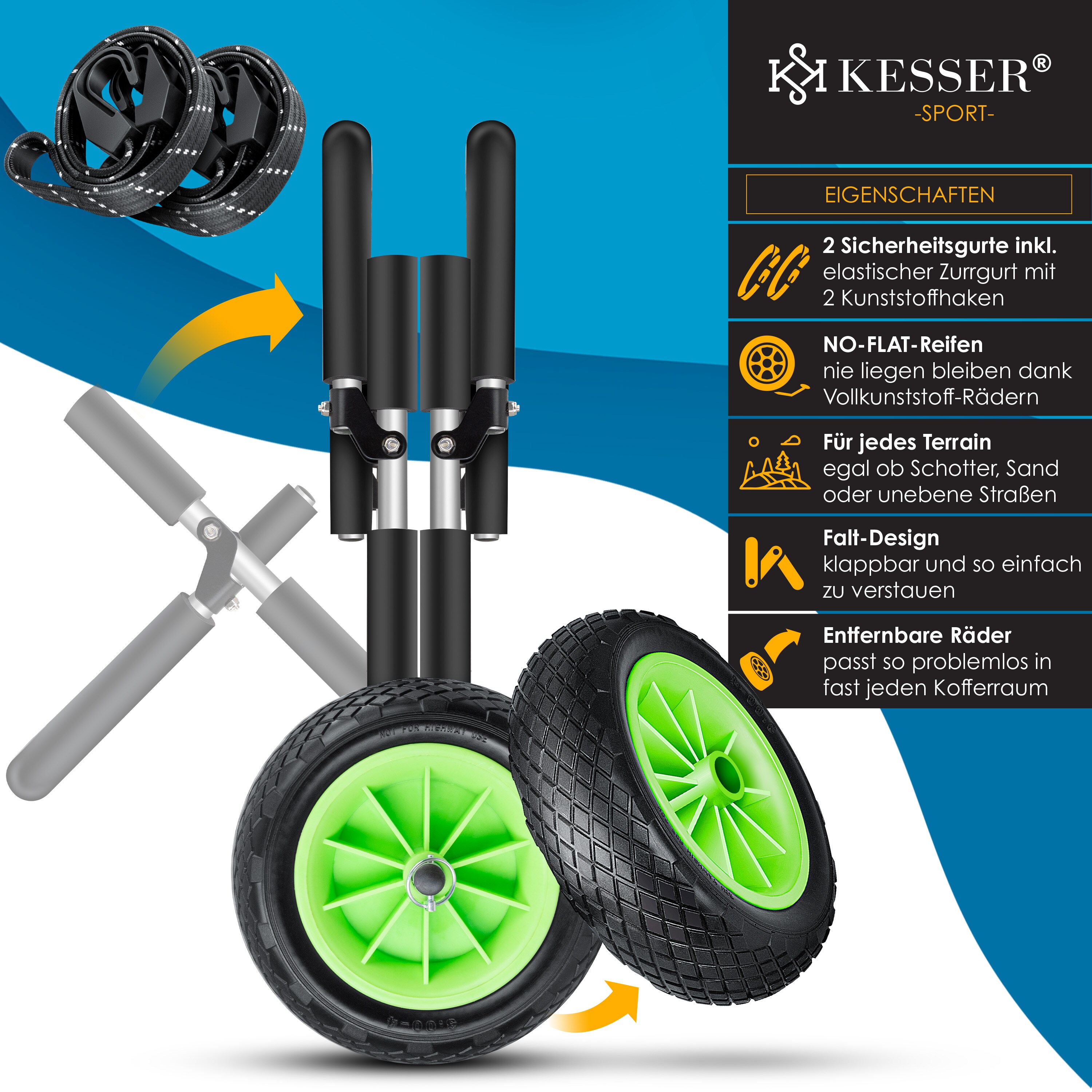 KESSER® Surfwagen Surfboard Transportwagen für SUP-Board Stand Up Paddle Board Transport Kajakwagen - klappbar gepolstert - 10 Zoll PU-Reifen Alu - inkl. 2 Sicherungsgurte