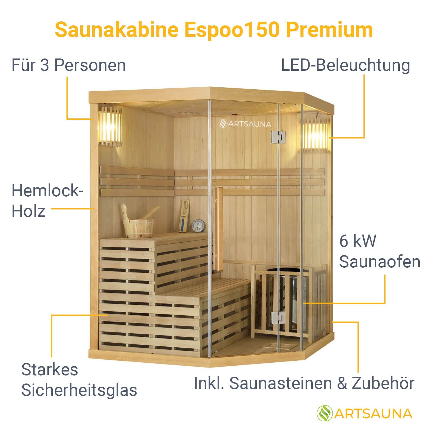 Artsauna Saunakabine Espoo150 Premium mit Harvia Ofen – 3 Personen – Hemlock Holz & Glasfront