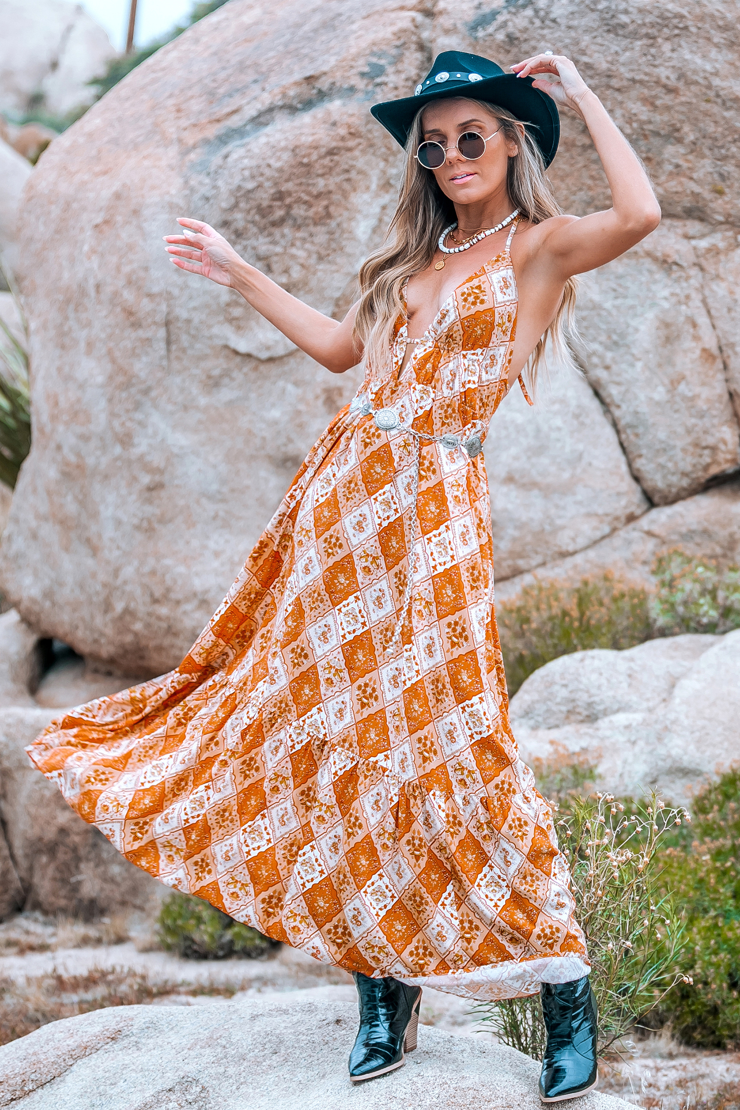 Robe maxi sans manches à col plongeant boho orange brûlé