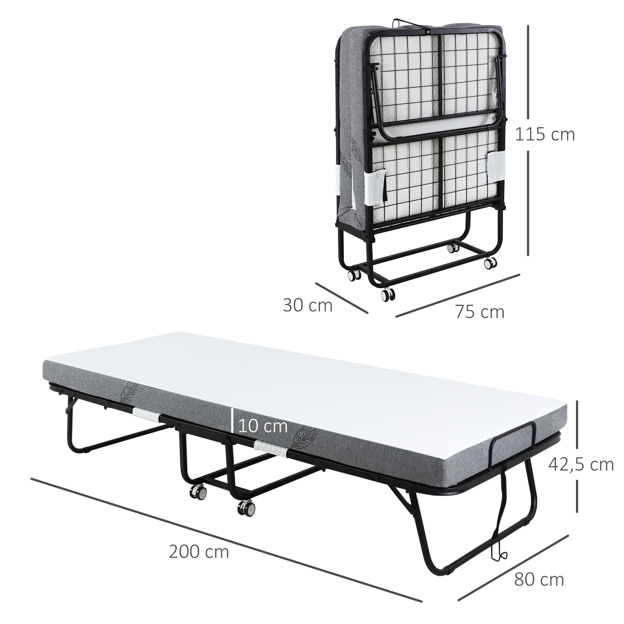 HOMCOM Klappbett mit Reißverschluss, 4 Universalrädern schwarz, weiß 200L x 75B x 42,5H cm