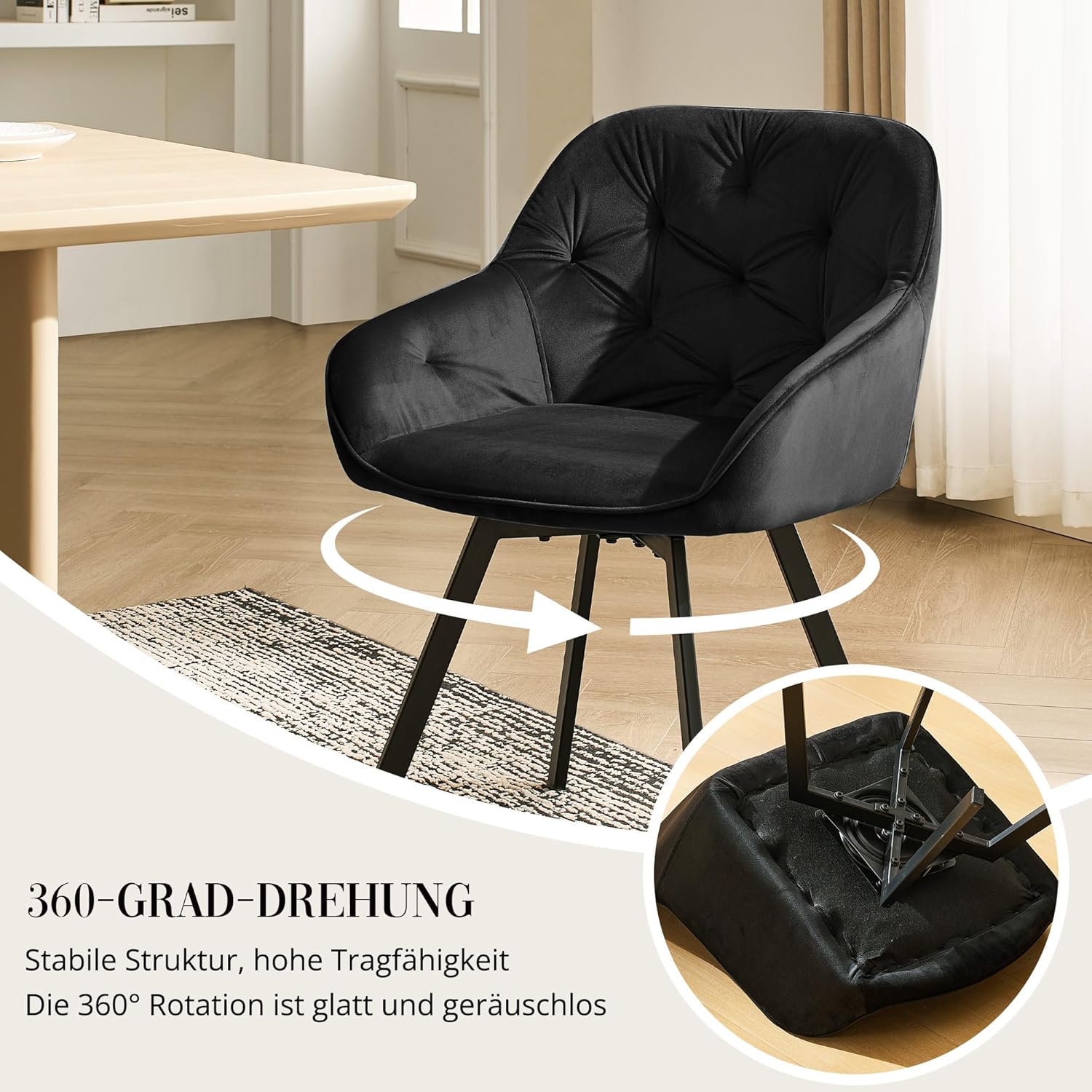 CLIPOP Samt Esszimmerstühle Drehbar 2er Set,Gepolstert Sessel Küchenstuhl mit Armlehne Freizeit Polsterstuhl Bequem Sitz Drehstuhl für Esszimmer Wohnzimmer Esszimmer, (1, Schwarz)