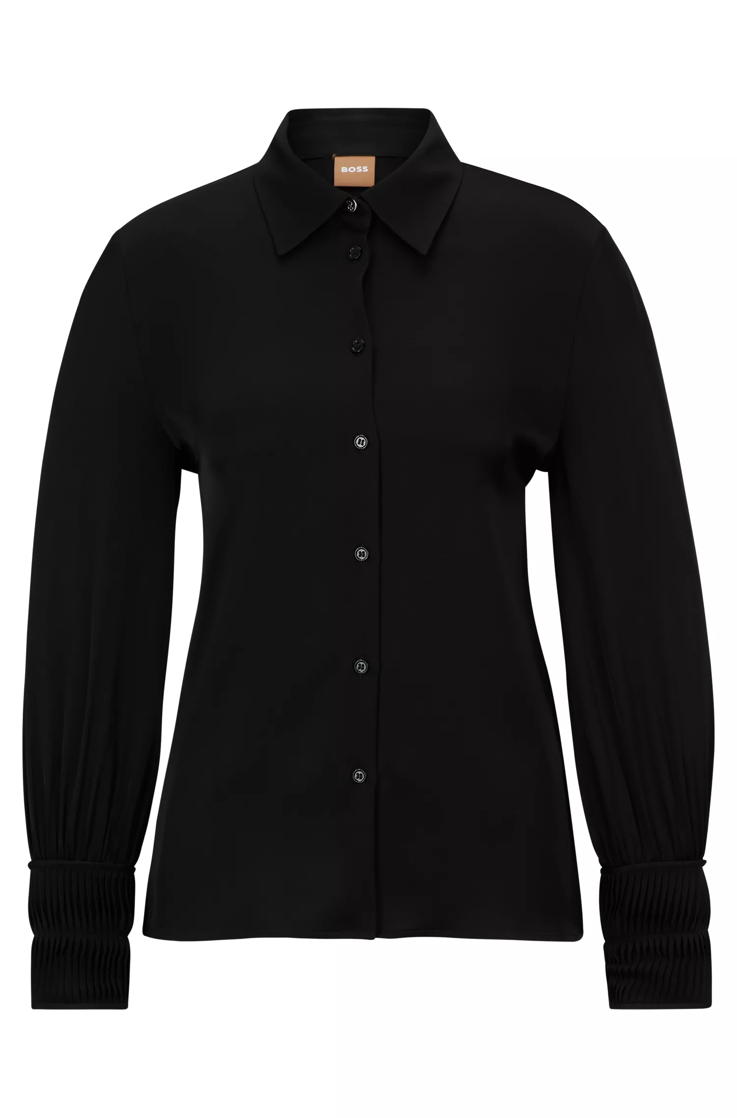 Blusa BOSS preta de corte regular em crepe de seda elástica da China.