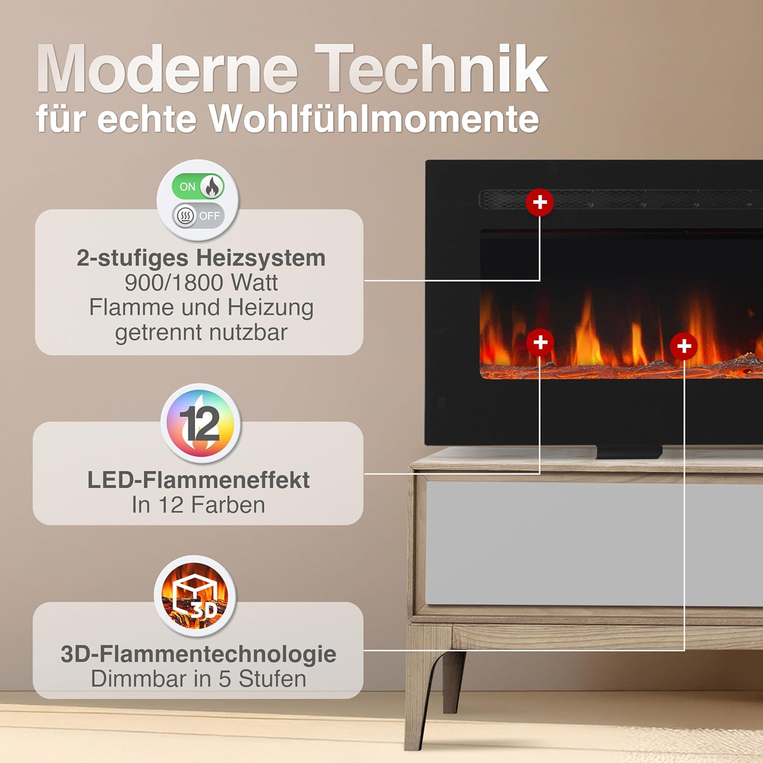 Elektrokamin Marlon - Elektrischer 3-in-1 Kamin mit Heizung, 3D-Flammeneffekt, 12 Flammenfarben, Fernbedienung (70 Zoll)