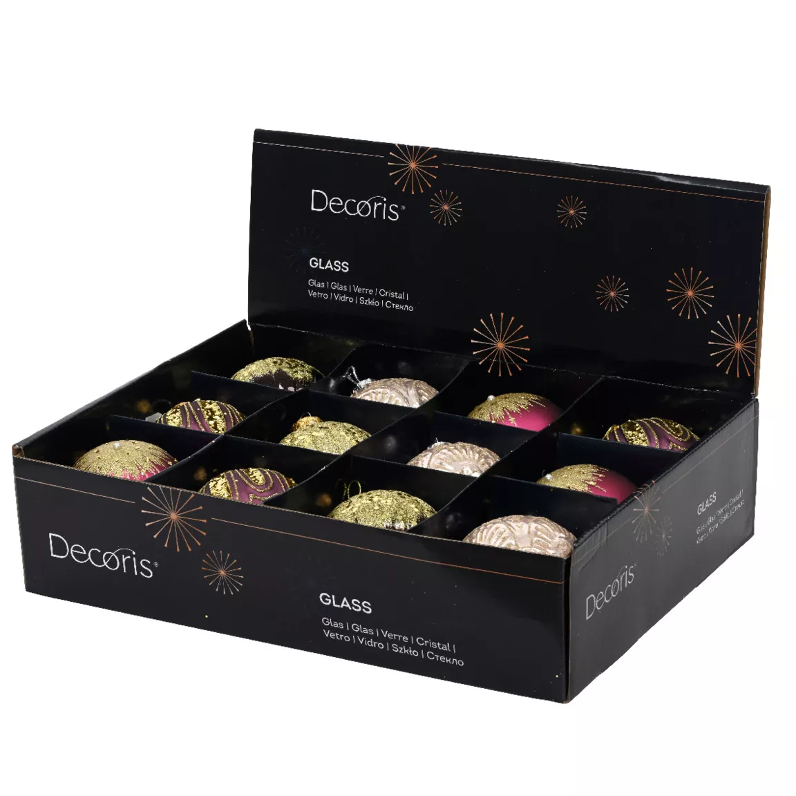 Lot de 12 boules de Noël en verre (D80 mm) Gatsby Mauve pailleté