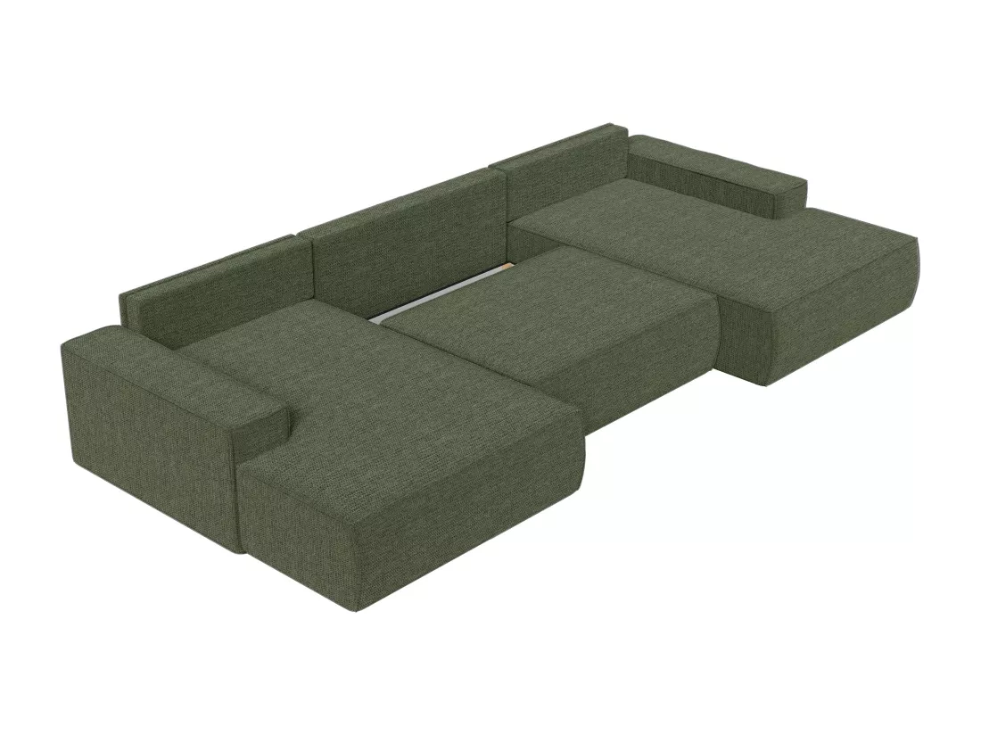 Grand canapé d'angle panoramique convertible en tissu texturé vert AMELIA