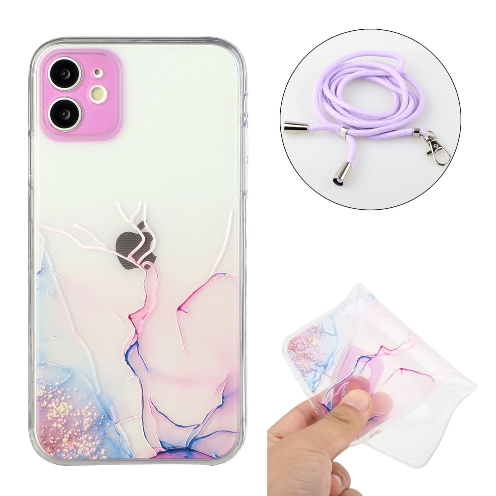 iPhone 12 Necklace Gummi Hülle Marmor Look mit Kameraschutz   Handykette (80cm) - Lila