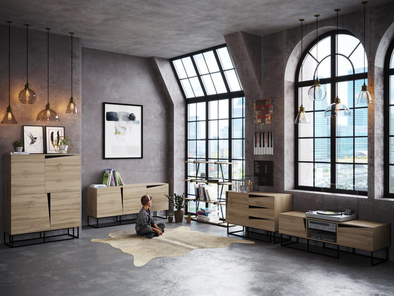Babylon - Regal, Raumteiler, Bücherregal mit 4 Böden, Wild Eiche kombiniert mit schwarz matten Metallkomponenten, modernes Industrial Design