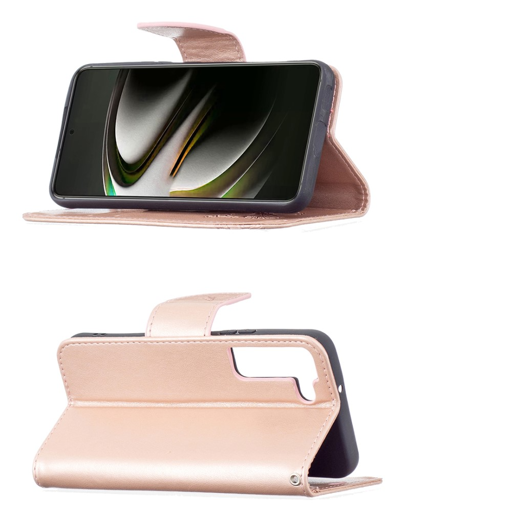 Samsung Galaxy S22 5G Leder Tasche mit Kartenfach   Handschlaufe Schmetterling - Roségold