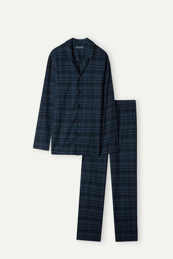 Pijama comprido em tecido escovado com estampa xadrez azul.