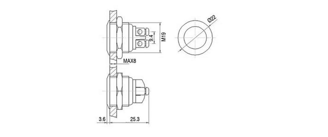Drucktaster Edelstahl 19 mm, flach 48 V DC / 2 ATaster mit Edelstahlgehäuse
