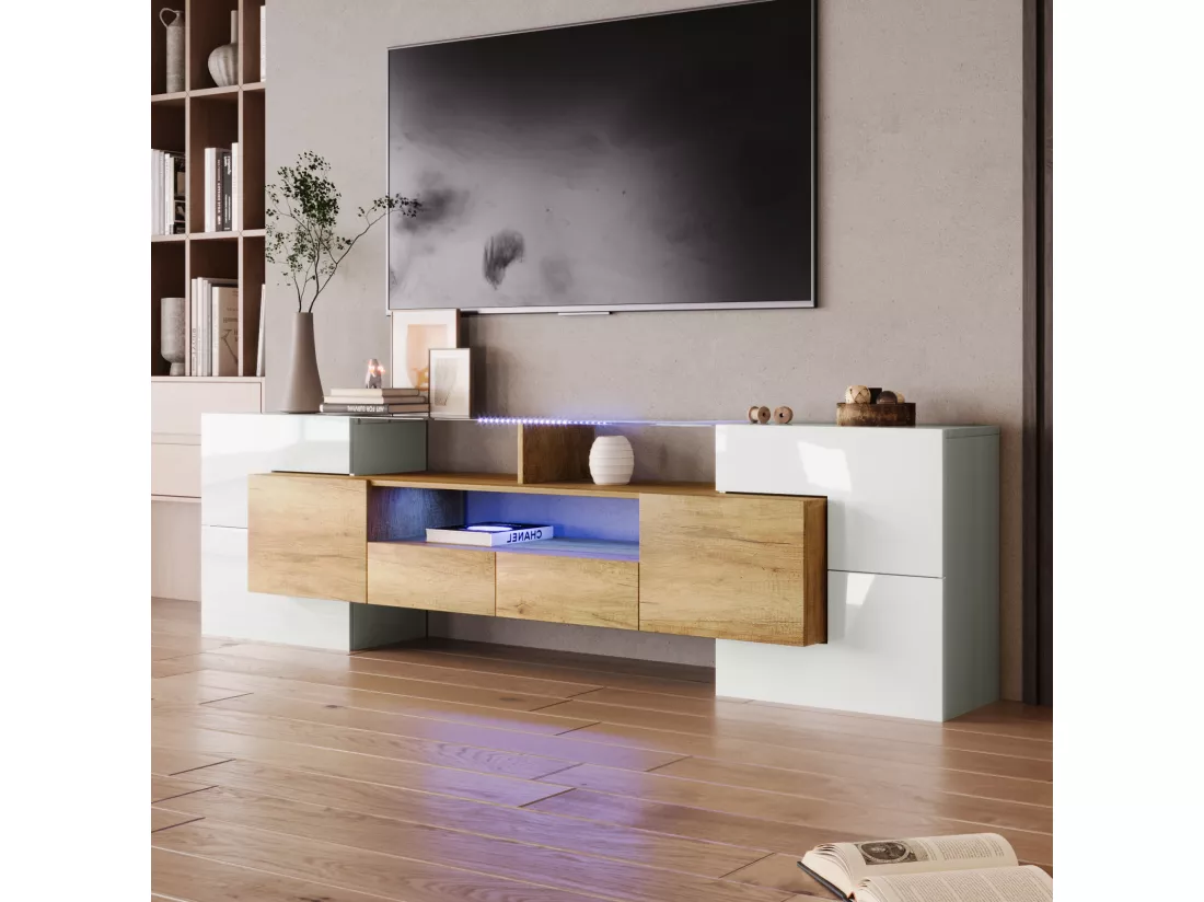 Meuble TV - 200x38x48cm LED brillant blanc et gris - finition verre - 6 portes de rangement 2 tiroirs 3 compartiments - coloris
