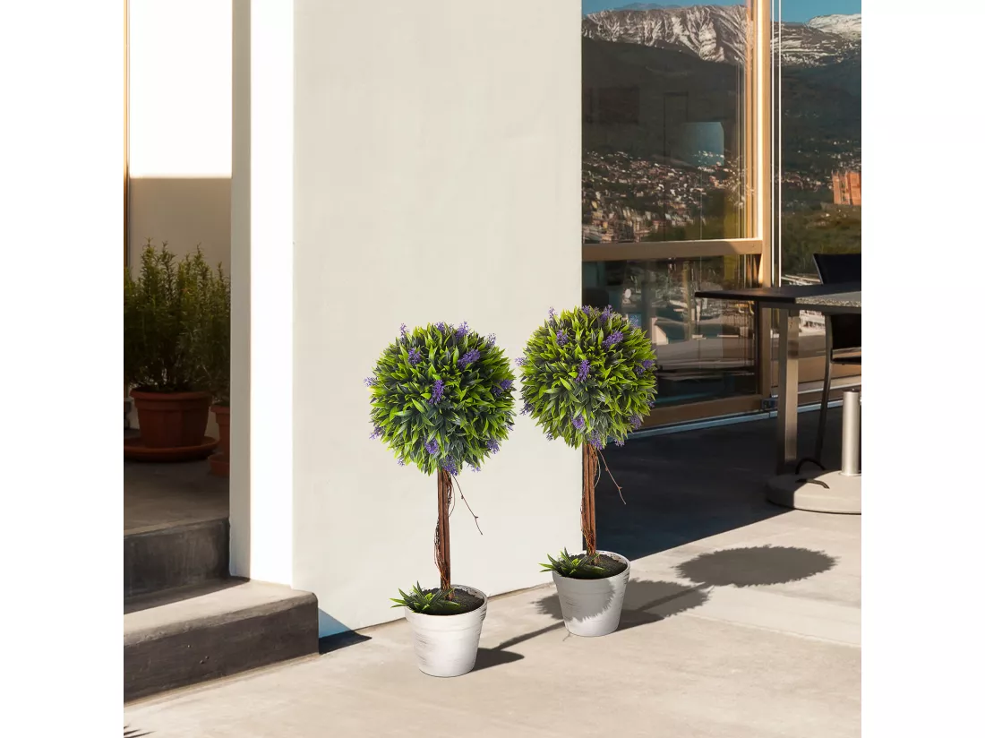 Lot de 2 plantes artificielles avec fleurs de lavande arbre artificiel tronc et pot inclus - hauteur 60 cm intérieur et extérieur vert