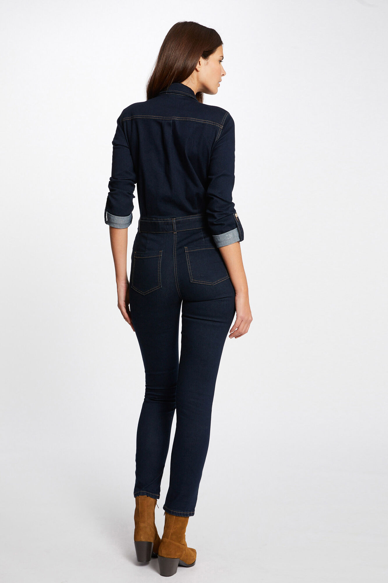 Macacão jeans comprido e ajustado com fechamento por botões - Azul marinho