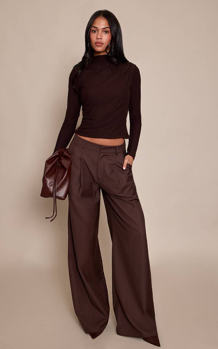 Chocolat Pantalon Large À Double Pli Tissé Pour Grande Taille