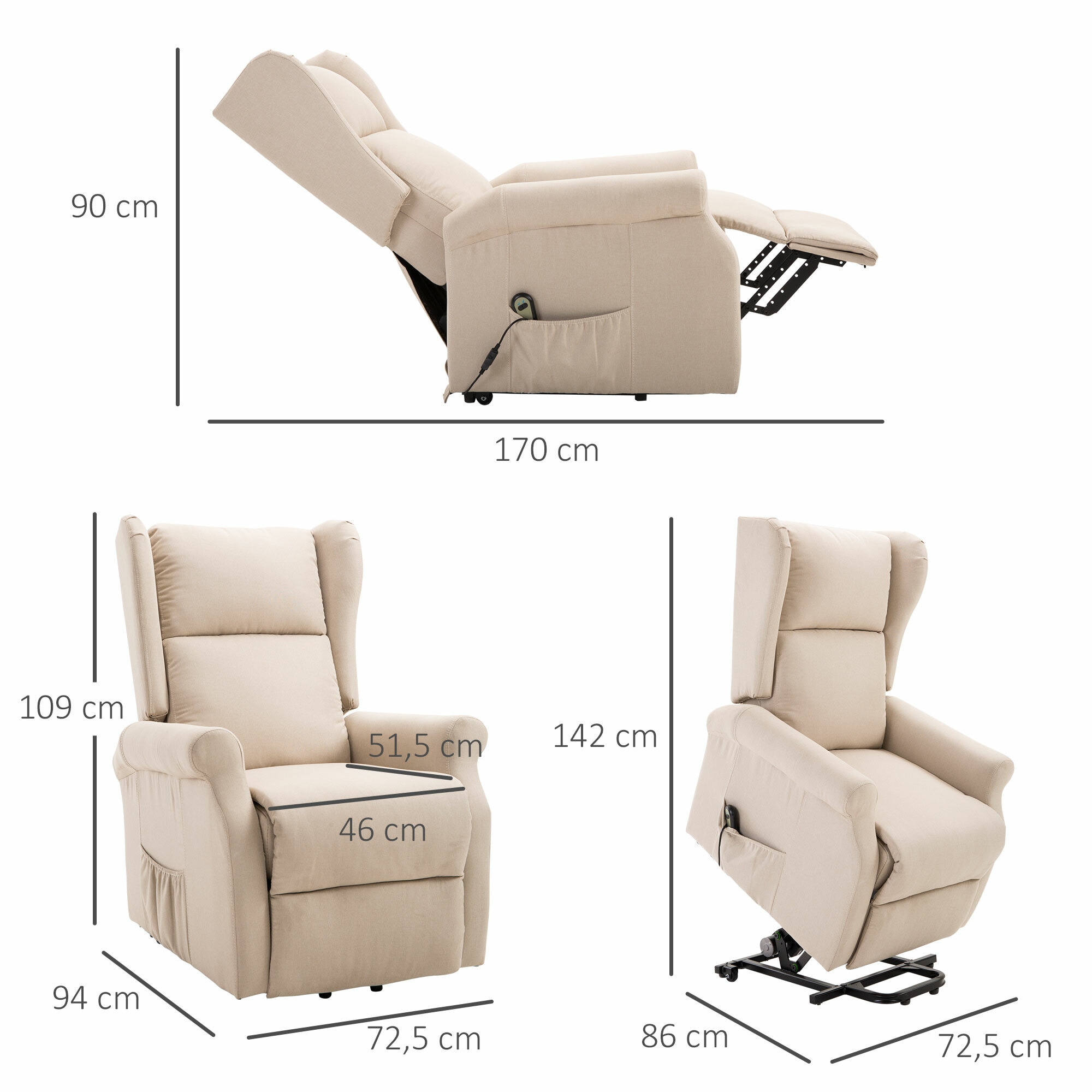 HOMCOM Fernsehsessel mit Aufstehhilfe 94 x 72,5 x 109 cm (LxBxH)