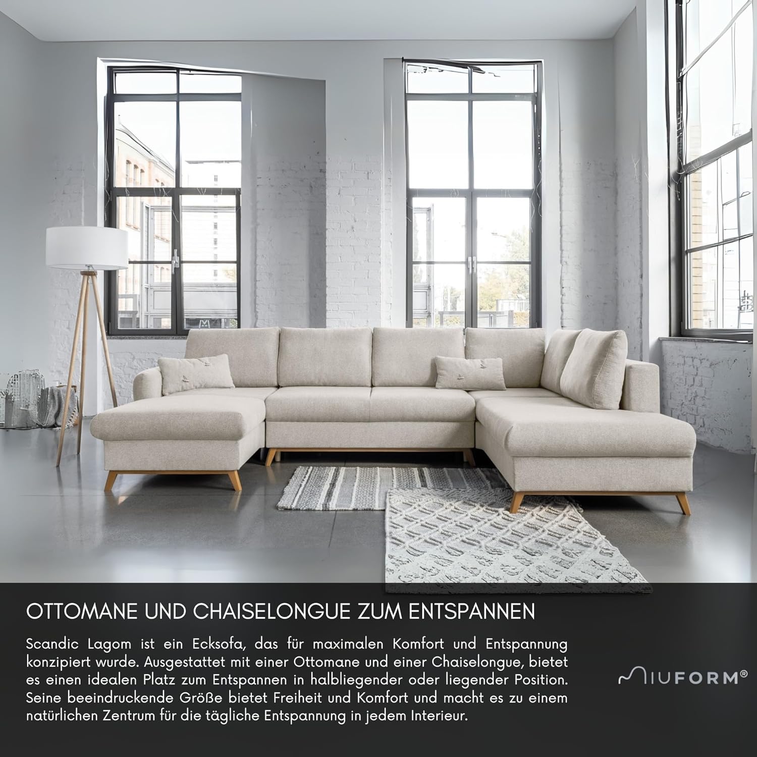 MIUFORM Scandic Lagom mit Bettkasten | 8 Sitzer Sofa | U-Form rechts | 312x202x90cm Couch | Klappsofa mit Schlaffunktion (Beige)