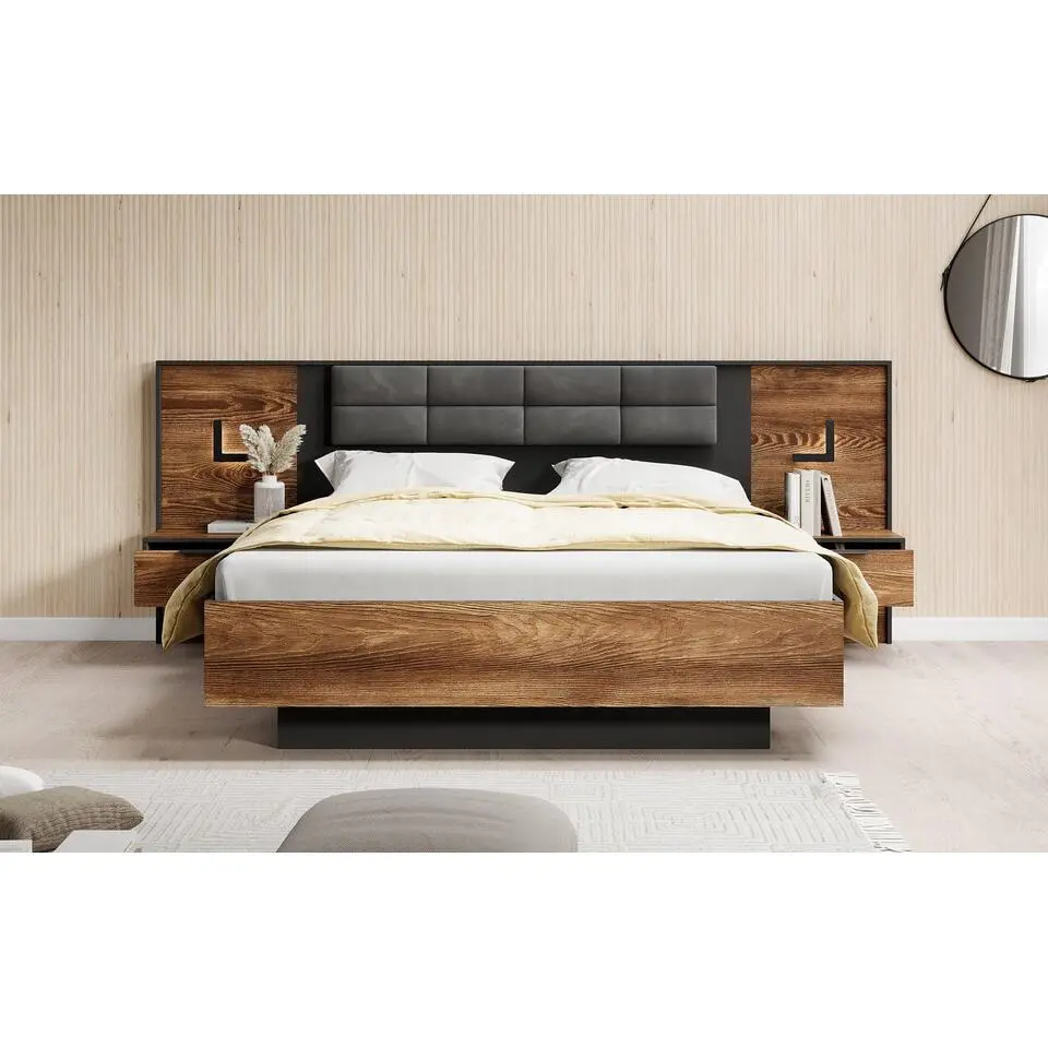 Meubella - Tweepersoonsbed Mulvey - Eiken - Antraciet - 160x200 cm