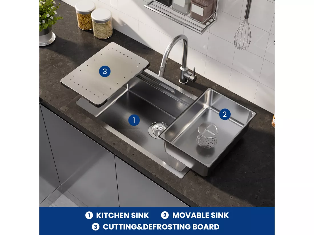 Cecipa max Évier 1 Bac 70×44cm Évier à Encastrer Inox Brossé avec Egouttoir et Vasque + Mitigeur de Cuisine à Ressort avec 3 Modes de Sortie D'eau