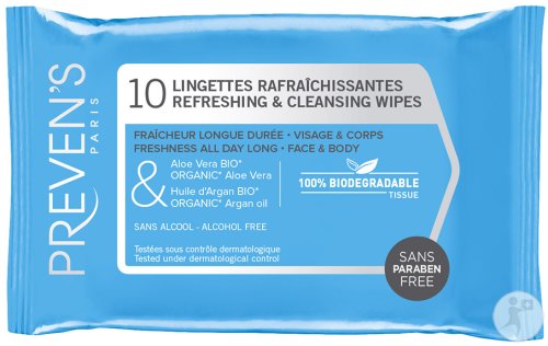Preven's Lingettes Rafraîchissantes Visage Et Corps Aloe Vera Et Huile D'Argan 10 Pièces