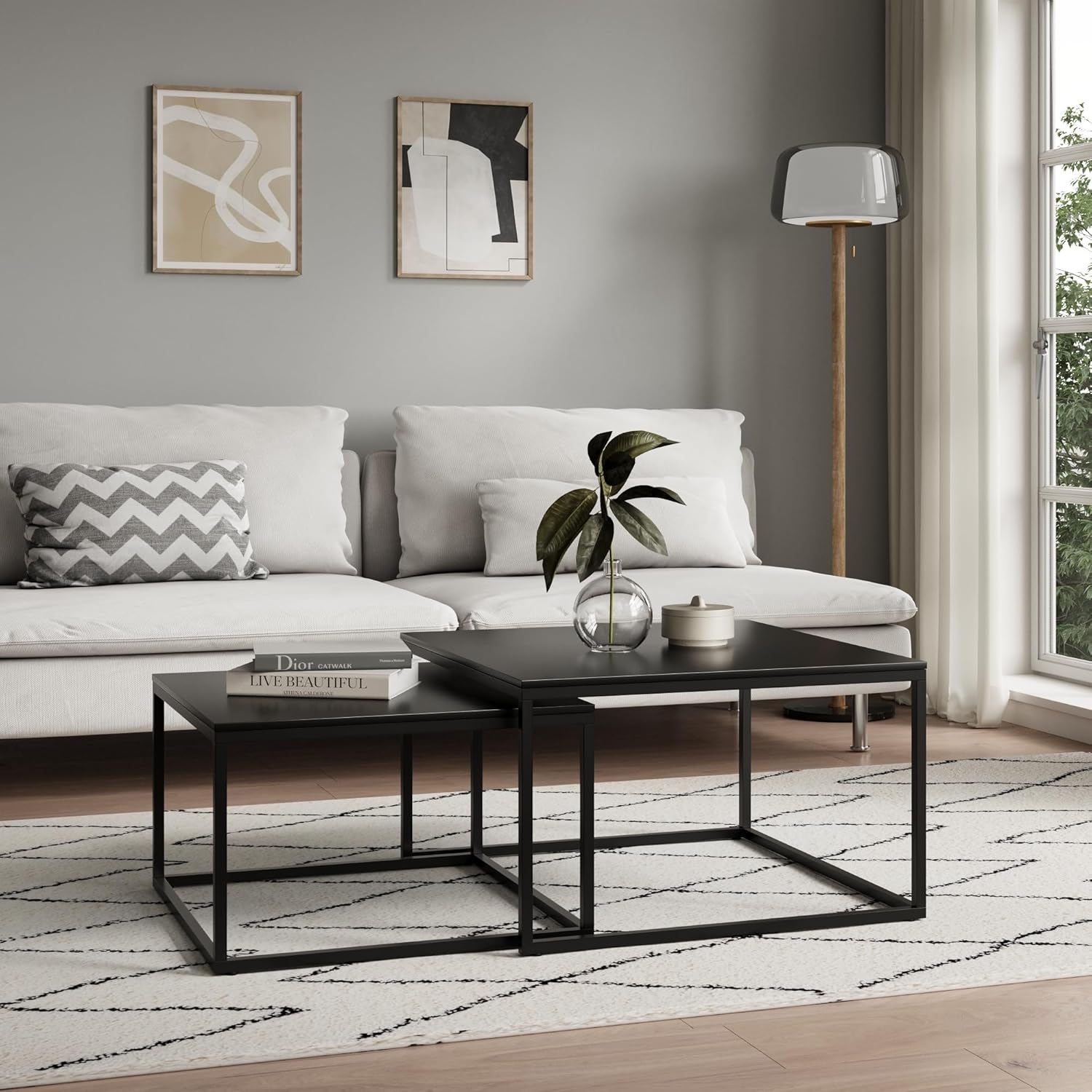 Home Collective Couchtisch 2er Set quadratisch weiß aus Holz Wohnzimmertisch Modern Beistelltisch Set 2 in 1 mit Metallgestell für Wohnzimmer Büro Beistelltisch Loft Design Twin Kratzfeste Oberfläche