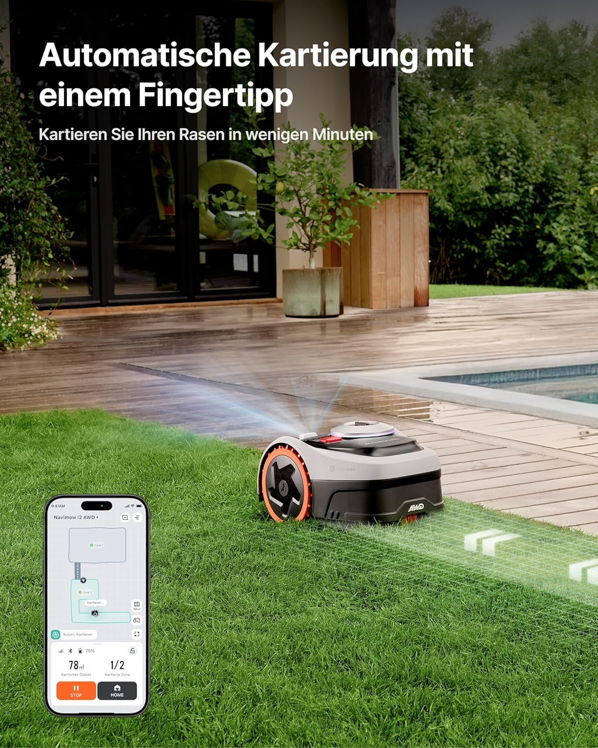 Navimow i205 AWD Mähroboter ohne Begrenzungskabel mit Garage S, Allradantrieb für Steigungen bis zu 45%, EFLS NRTK + Vision, Empf. 500 m², Keine RTK-Antenne erforderlich (Getrennt versandt Werden)