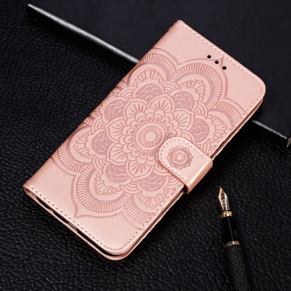 iPhone SE (2022/2020) / 8 / 7 Leder Tasche Wallet - Mandala Flowers Imprint - Roségold