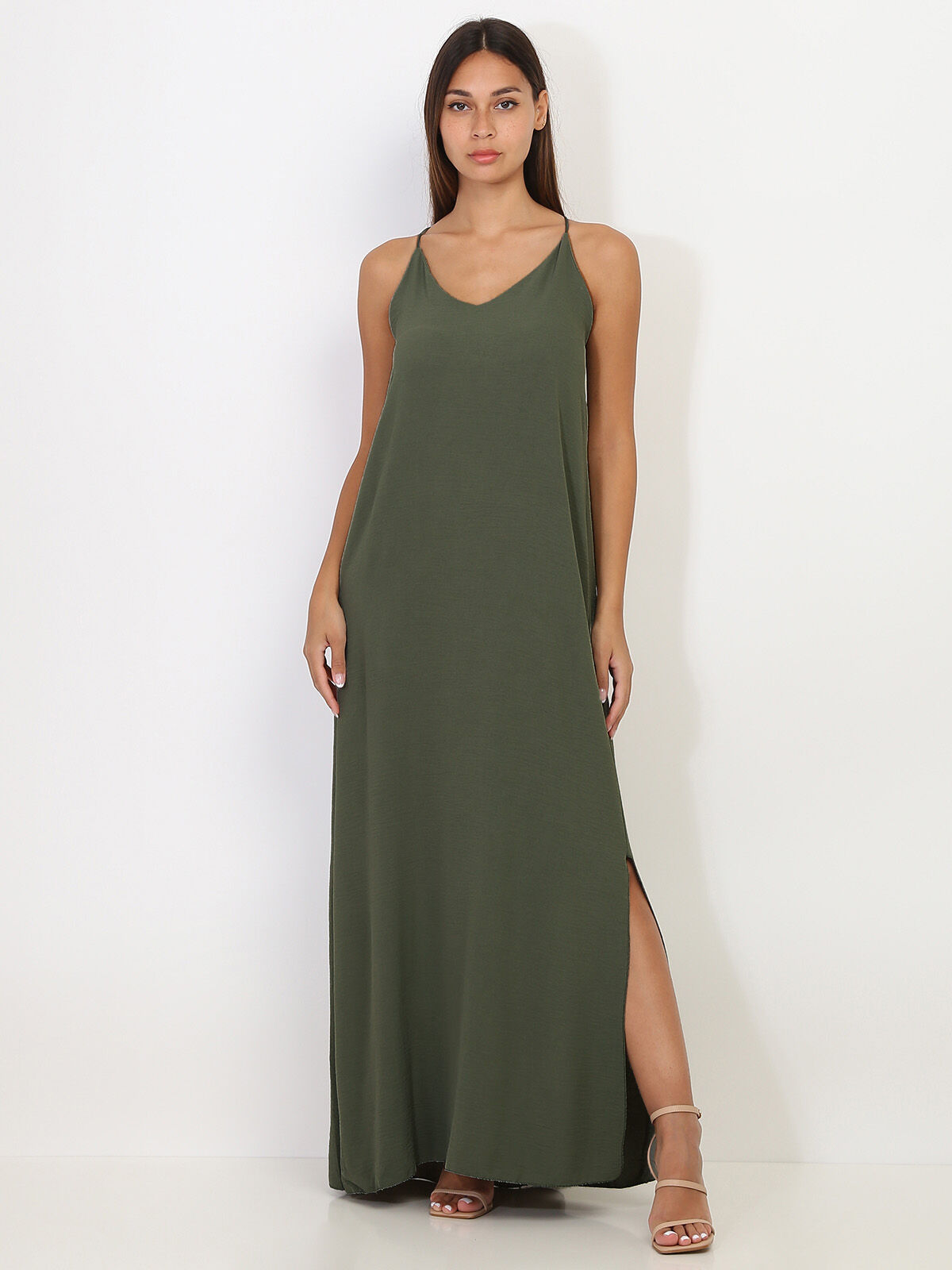 Robe longue fendue à dos croisé- Kaki