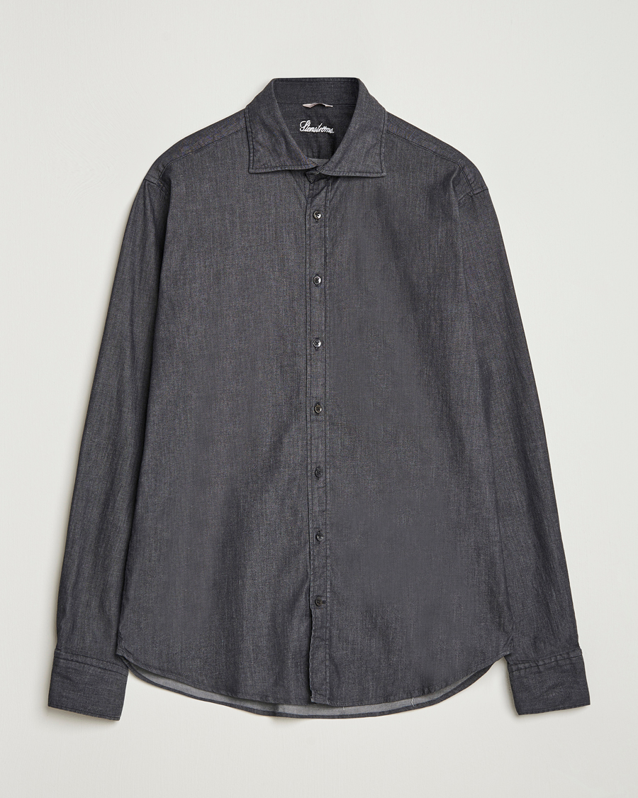 Stenströms Regular Fit Garment Washed Denim Shirt Black