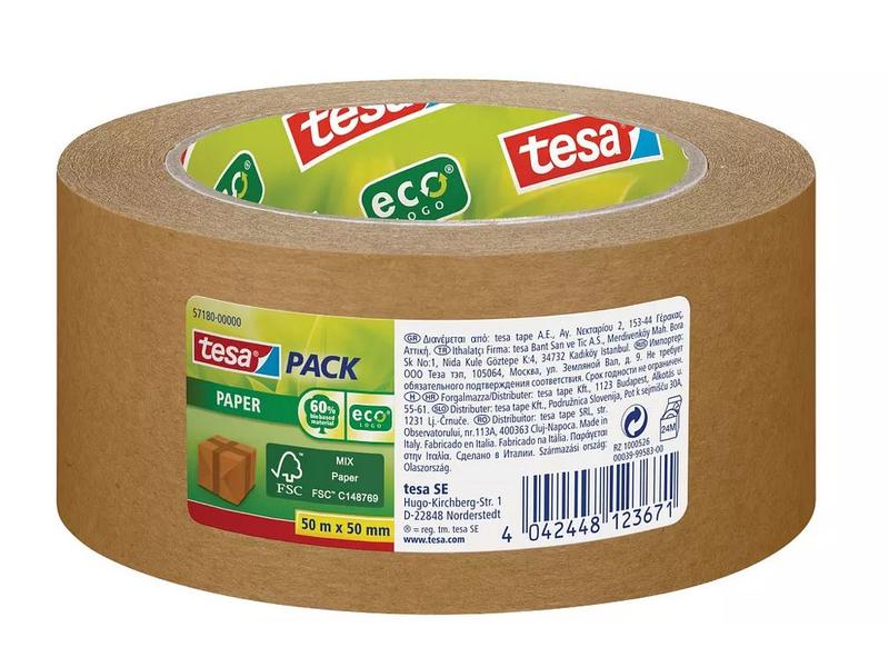tesa Klebeband -Set Paper ecoLogo, 50 mm x 50 m, 6 Rollen, Umweltgerechtes Paketband aus Papier, 60% biobasiertes Material